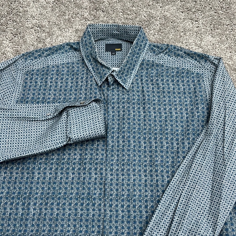 Fendi Teal Blue Print Button Up Cotton Shirt Men’s 42 ~ Made in Italy - EUC - Picture 3 of 9